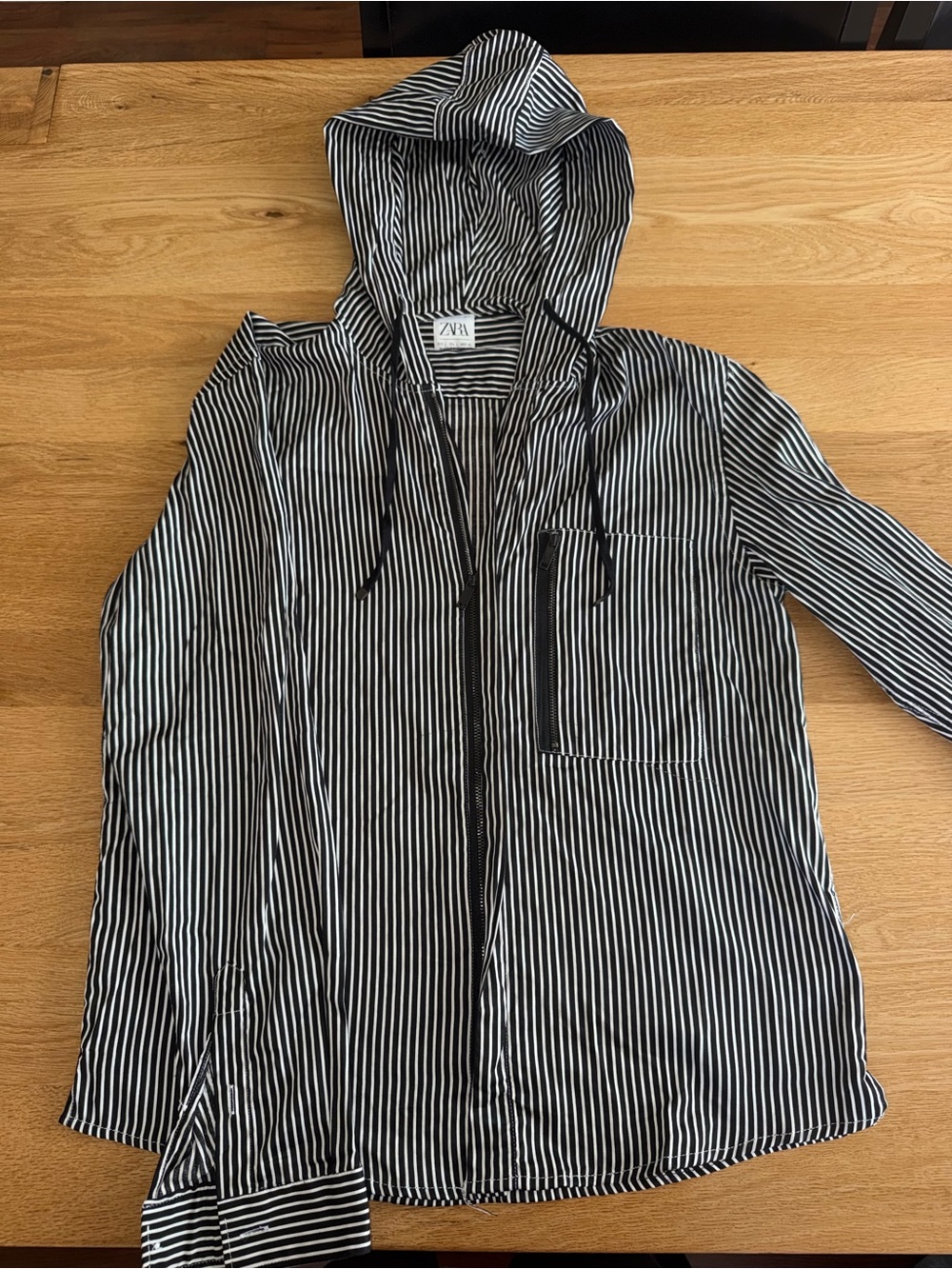 Zara Men’s Black and White Striped Hooded Shirt